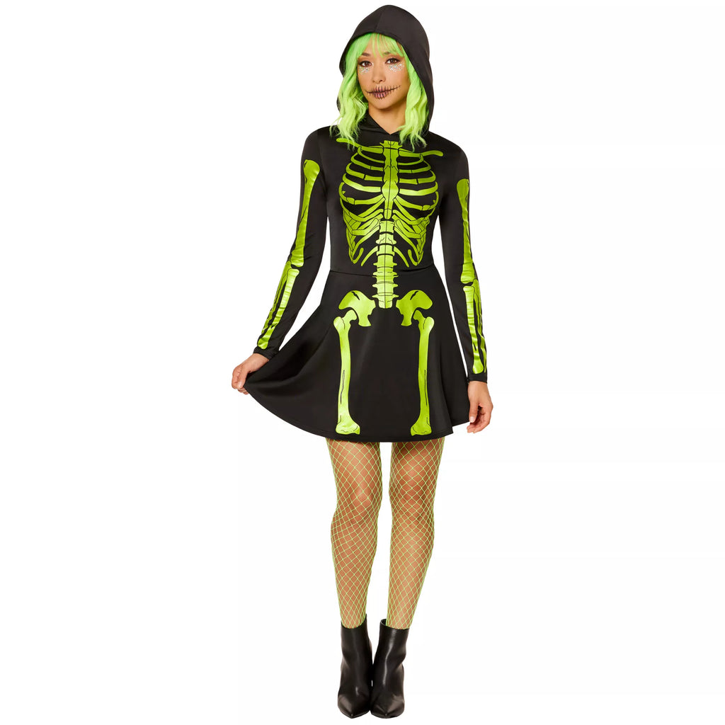 Adult Neon Green Skeleton Hooded Dress