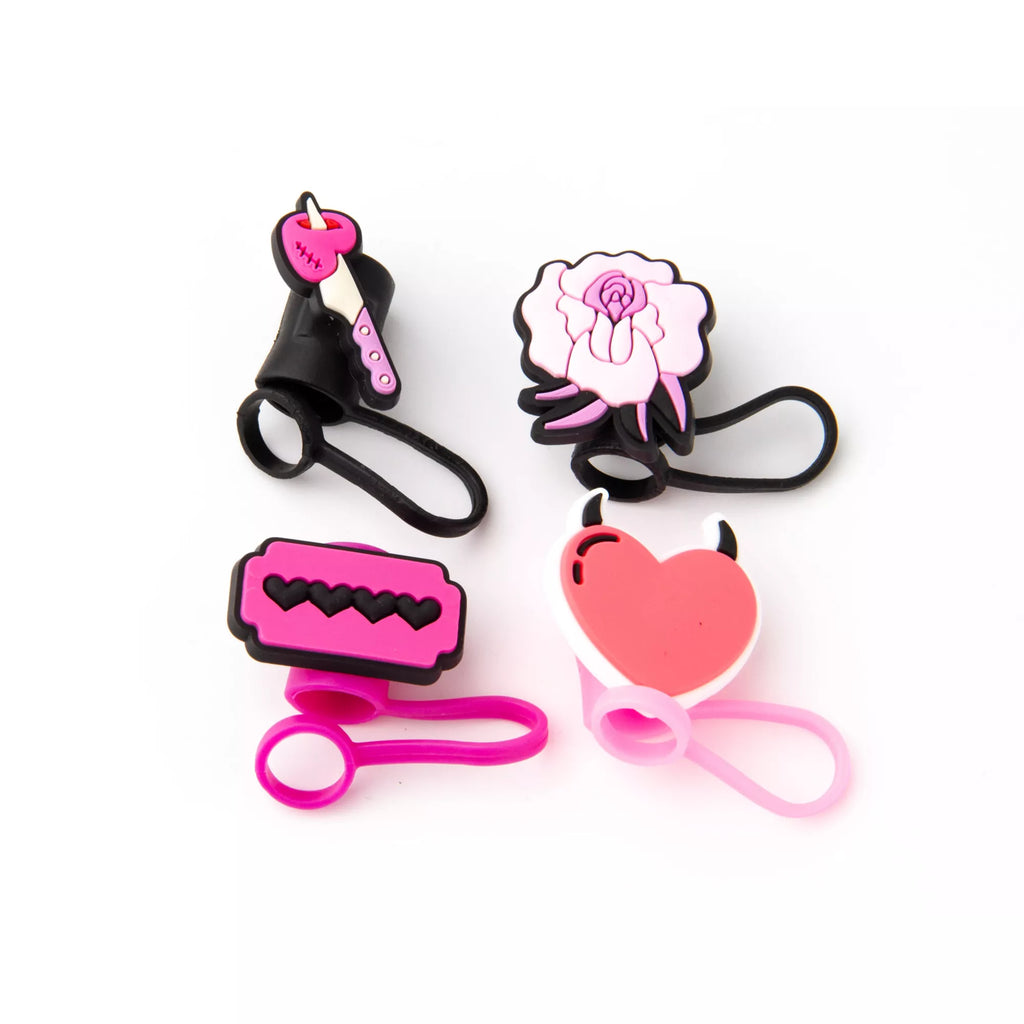 Black and Pink Travel Tumbler Straw Toppers - 4 Pack