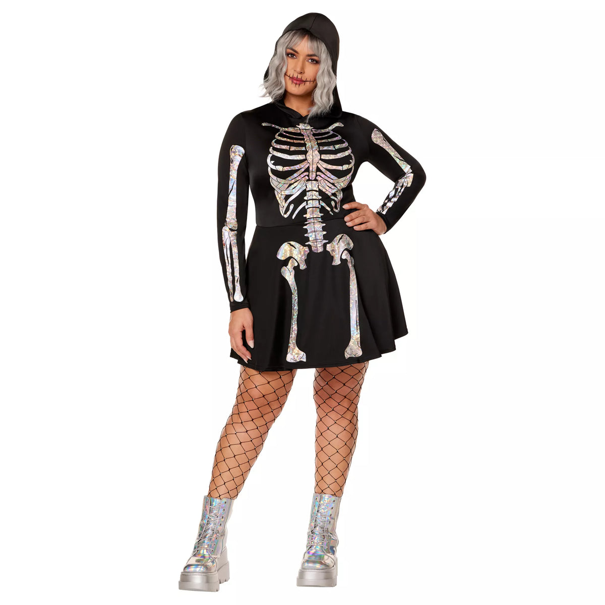 Adult Holographic Skeleton Hooded Dress